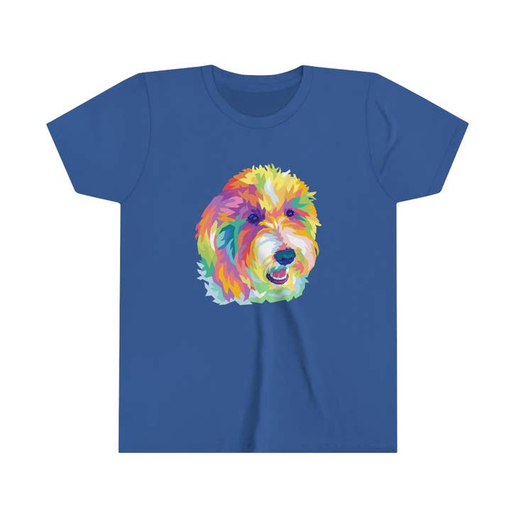 Maglietta per bambini con scarabocchio colorato di cane arcobaleno, Labradoodle, Goldendoodle per la vendita all'ingrosso da parte di Doodle Dog Town