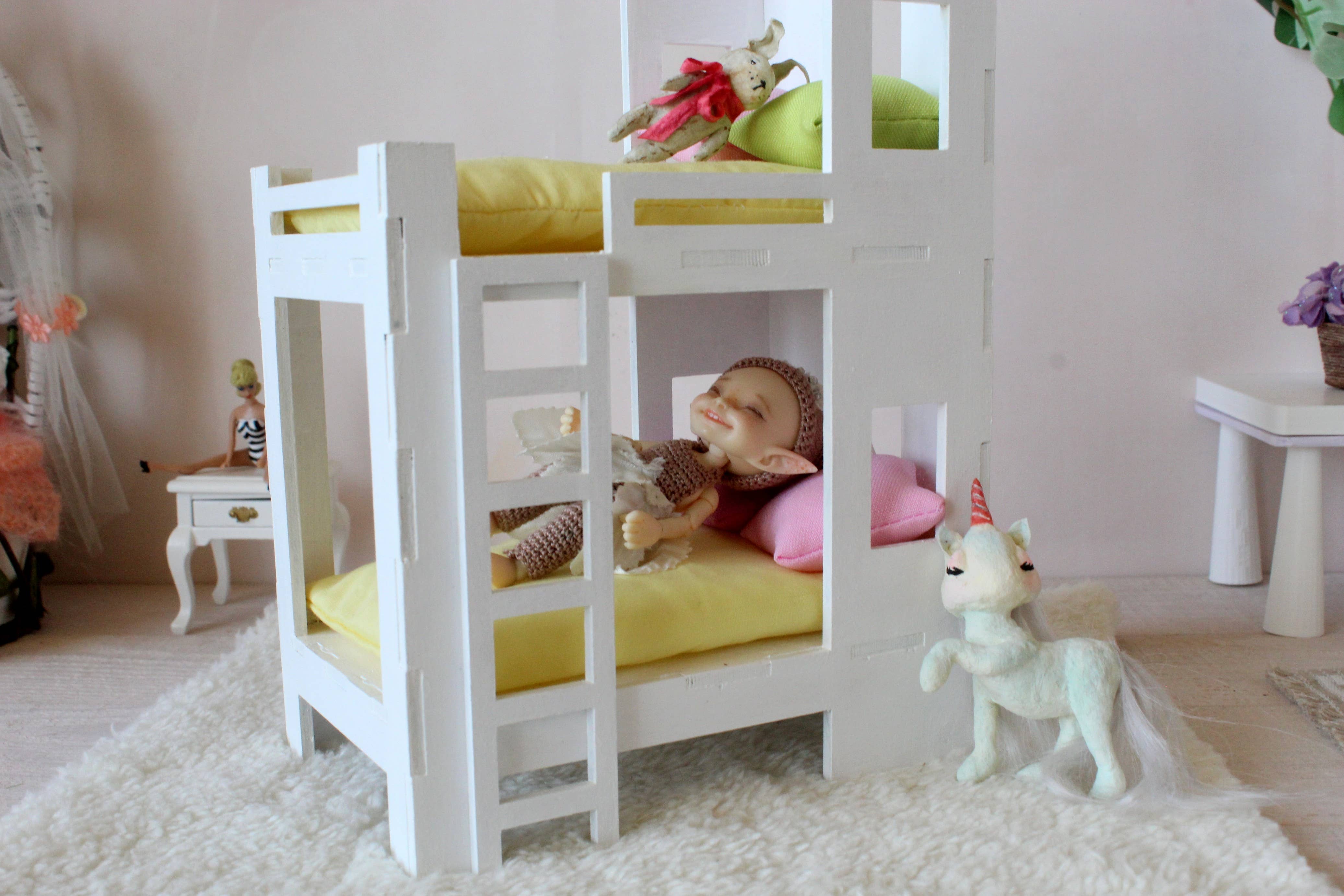 Miniature bunk bed 1/12 scale dollhouse furniture. White woo