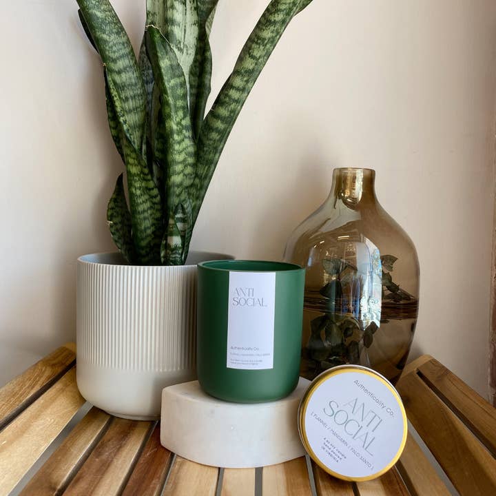 Anti-Social Wooden Wick Soy Candle for wholesale by Authenticality Co.