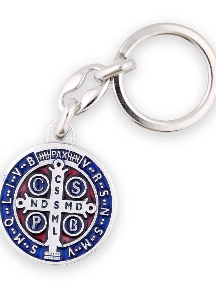 Silver-Tone St. Benedict Medal Key Chain with Blue Enamel for wholesale by Village Gift Importers