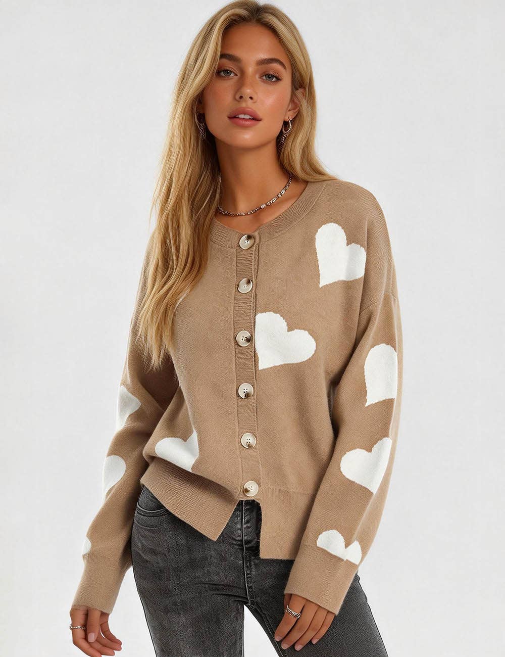 Sweetkama – Cardigan - Mulher por atacado – Cardigan feminino com coração e botões, gola redonda, modelo 23688