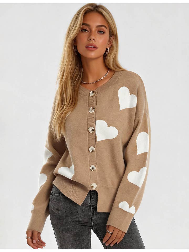 Sweetkama – Cardigan - Mulher por atacado – Cardigan feminino com coração e botões, gola redonda, modelo 23688