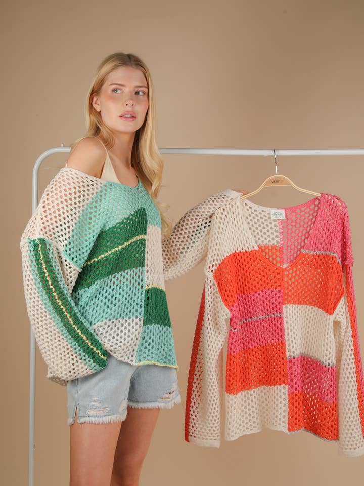 VERY J - Wholesale Knit Sweater - Women's - 12W3361N-Color Block Oversized Summer Knit Sweater Top