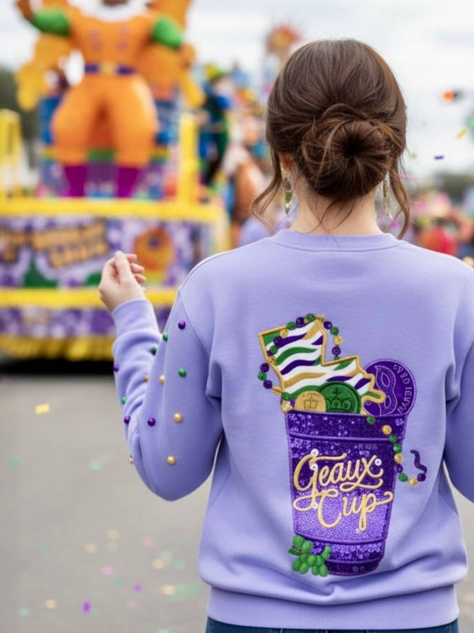 Mardi Gras Purple Sequin Embroidered Geaux Cup Sweatshirt for wholesale by Sash Clothing Bar