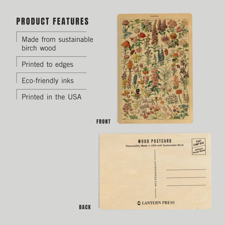 Lantern Press - Wholesale Postcard - WOOD POSTCARD Assorted Flowers, E, Vintage Bookplate