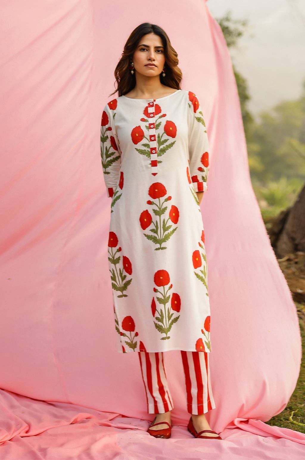 House of Amaya – wholesale Top & pants set (NOT Loungewear) – Women's – Abeer Red Poppy Straight Fit Kurta Pant Set2