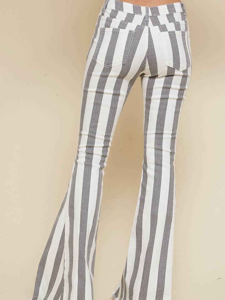 Saints & Hearts - Wholesale Jeans - Women's - SIP6106C WESTERN CHARCOAL STRIPED WASHED DENIM BELL BOTTOMS