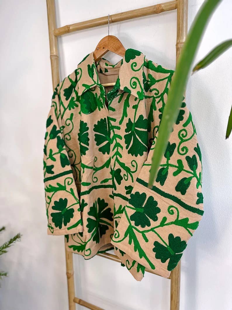 Essential Designs London – wholesale Jacket – Women's – Suzani Hand Embroidered Unisex Bolero Short Jacket Spring Boho Gypsy Kashmir Crewel Special Love Gift | Quirky Cafe Beige Green Floral Leaf1