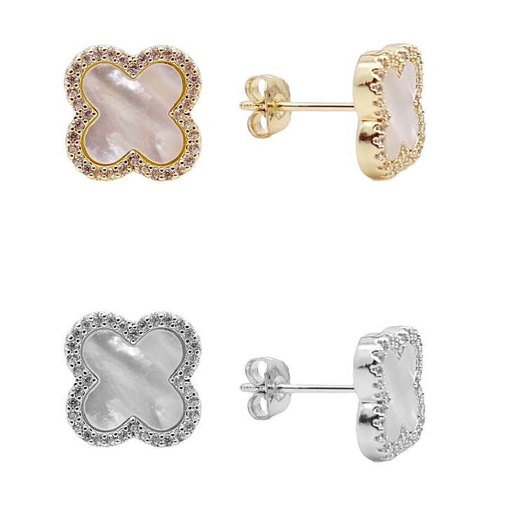 CZ Pearlescent Clover Stud Earrings for wholesale by KIKICHIC
