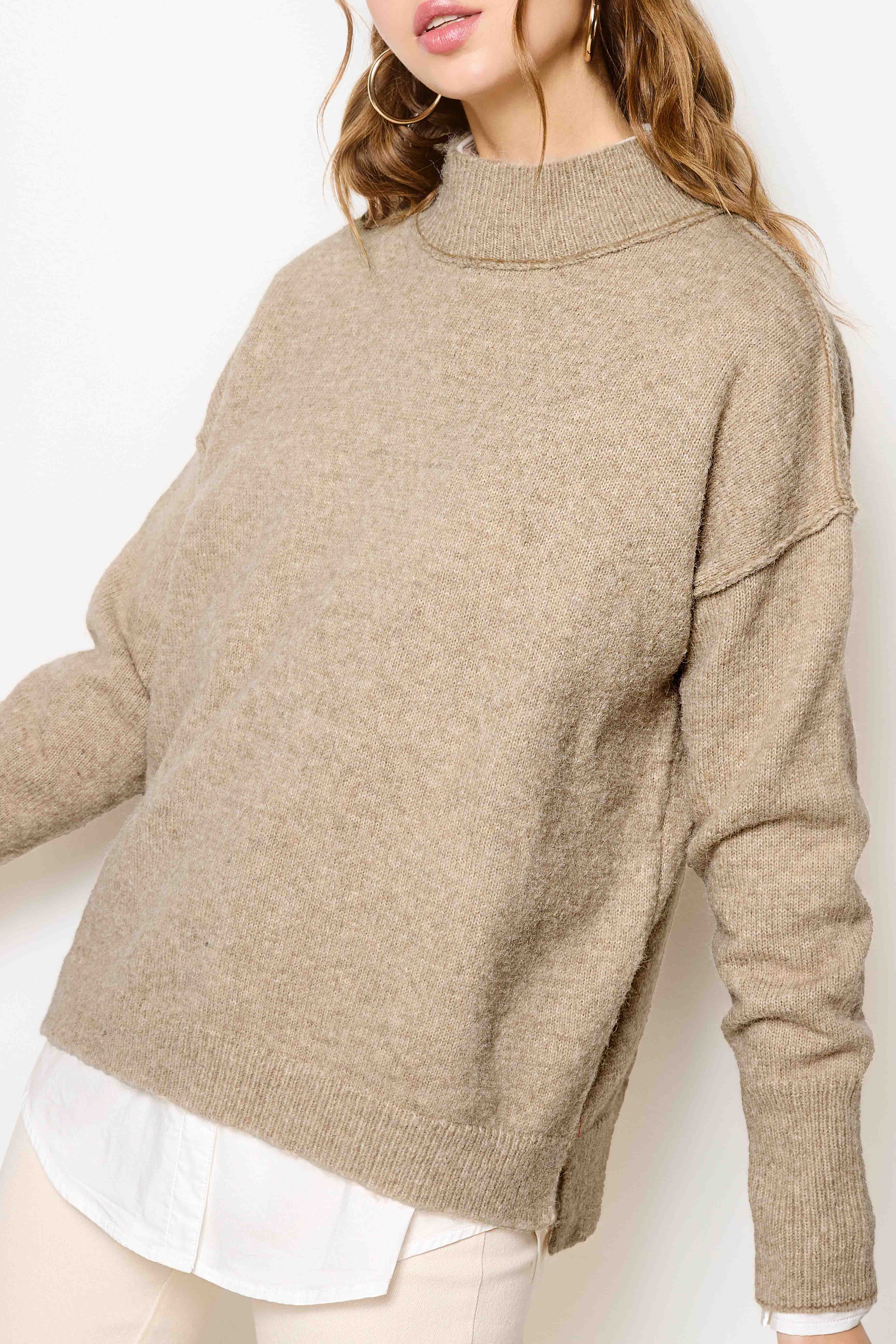 La Miel - Wholesale Knit Sweater - Women's - MCS3566-Loose Fit Mock Neck Exposed Seaming Detailed Sweater1