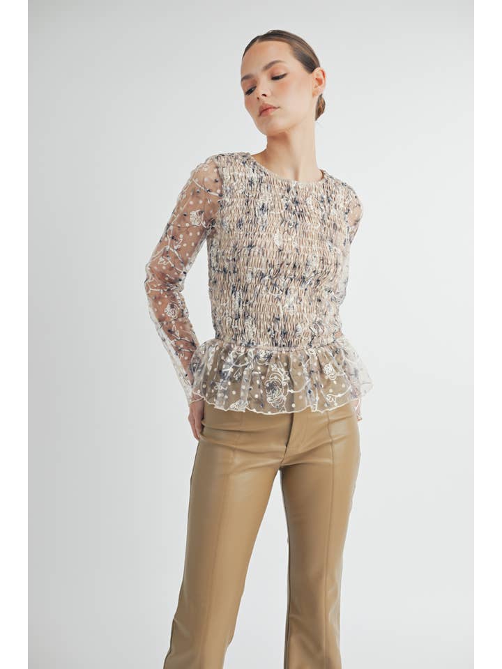 cream Sheer Smocked Embroidered Mesh Peplum Top for wholesale on Faire