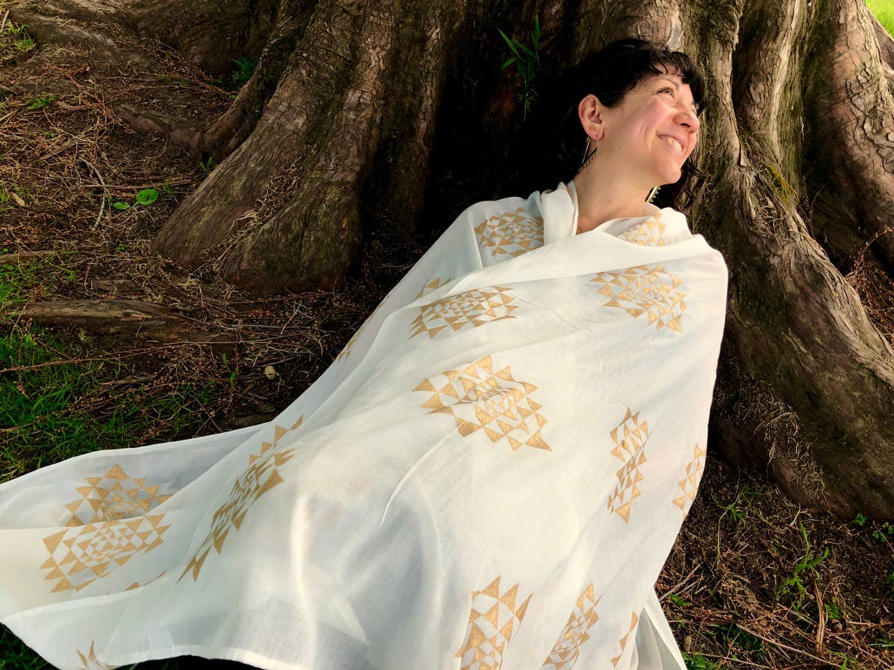 JAYA MOKSHA - Wholesale Scarf - Women's - Ivory Sri Yantra Scarf / Meditation /Wedding / Bridal Shawl