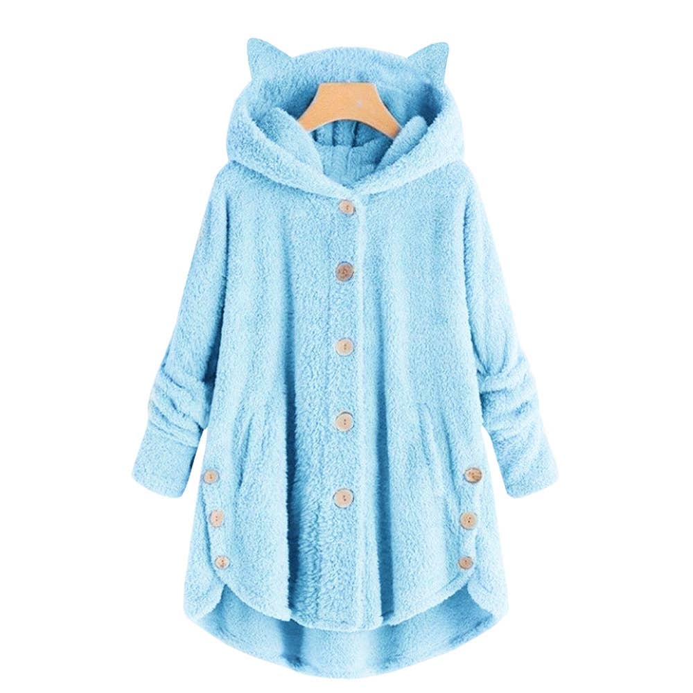 Lily Clothing - Wholesale Coat - Women's - BUTTON-UP HOODED CAT EARS PLUSH SOLID COAT4