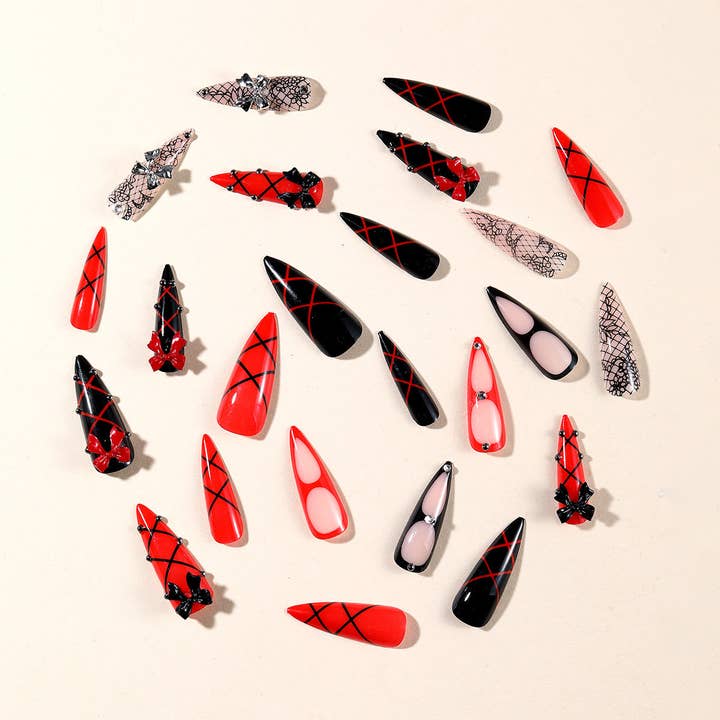 White Y2K Gothic Rhinestone Bow Fake Nails for wholesale on Faire2