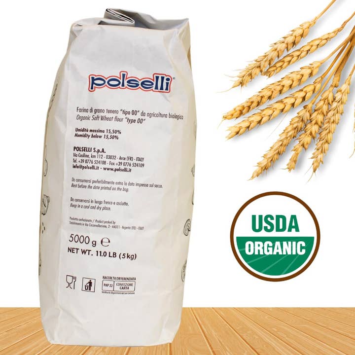 Wholesale Italian Food - Wholesale Flour - Polselli, Organic Flour, Type "00", 100% Italian Grain, 11 lbs (5 kg), Neapolitan Italian Pizza
