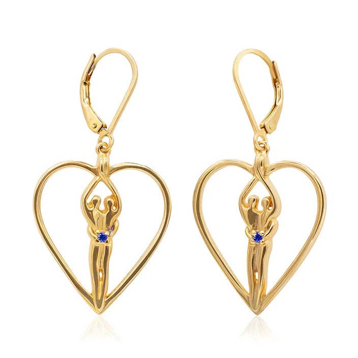 Soulmate Heart Earrings, 1" by ¾", with 14kt. Gold Overlay, .925 Genuine Sterling Silver, Lever Back, Sapphire Cubic Zirconia for wholesale by Symbol of Love Jewelry