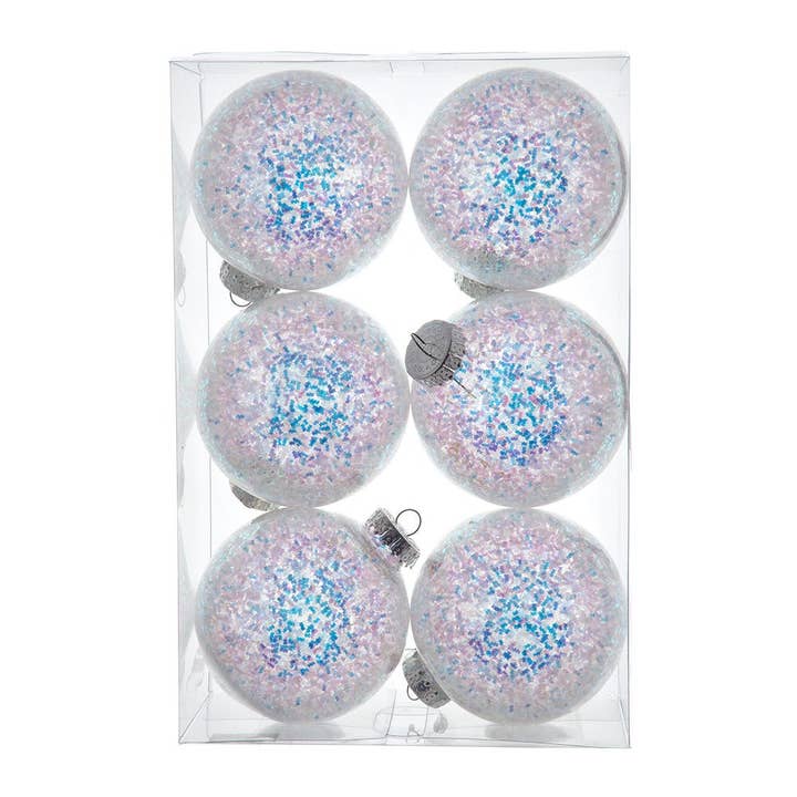 100MM Shatterproof Iridescent Glittered Ball Orns, 6PC Box for wholesale by Kurt S. Adler, Inc.