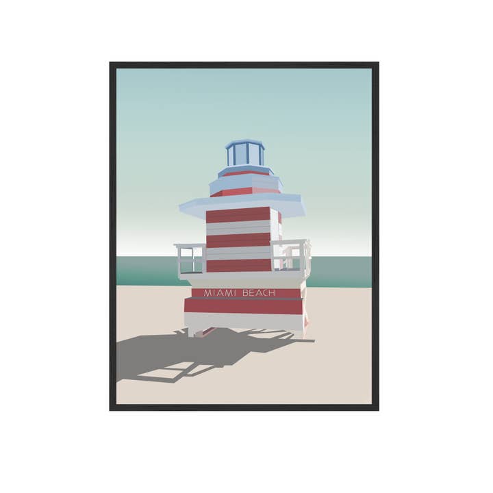 Miami Beach Väggkonst | Nautisk Randig Livräddningshytt Poster för wholesale av Places & Spaces Art Co. Travel Prints