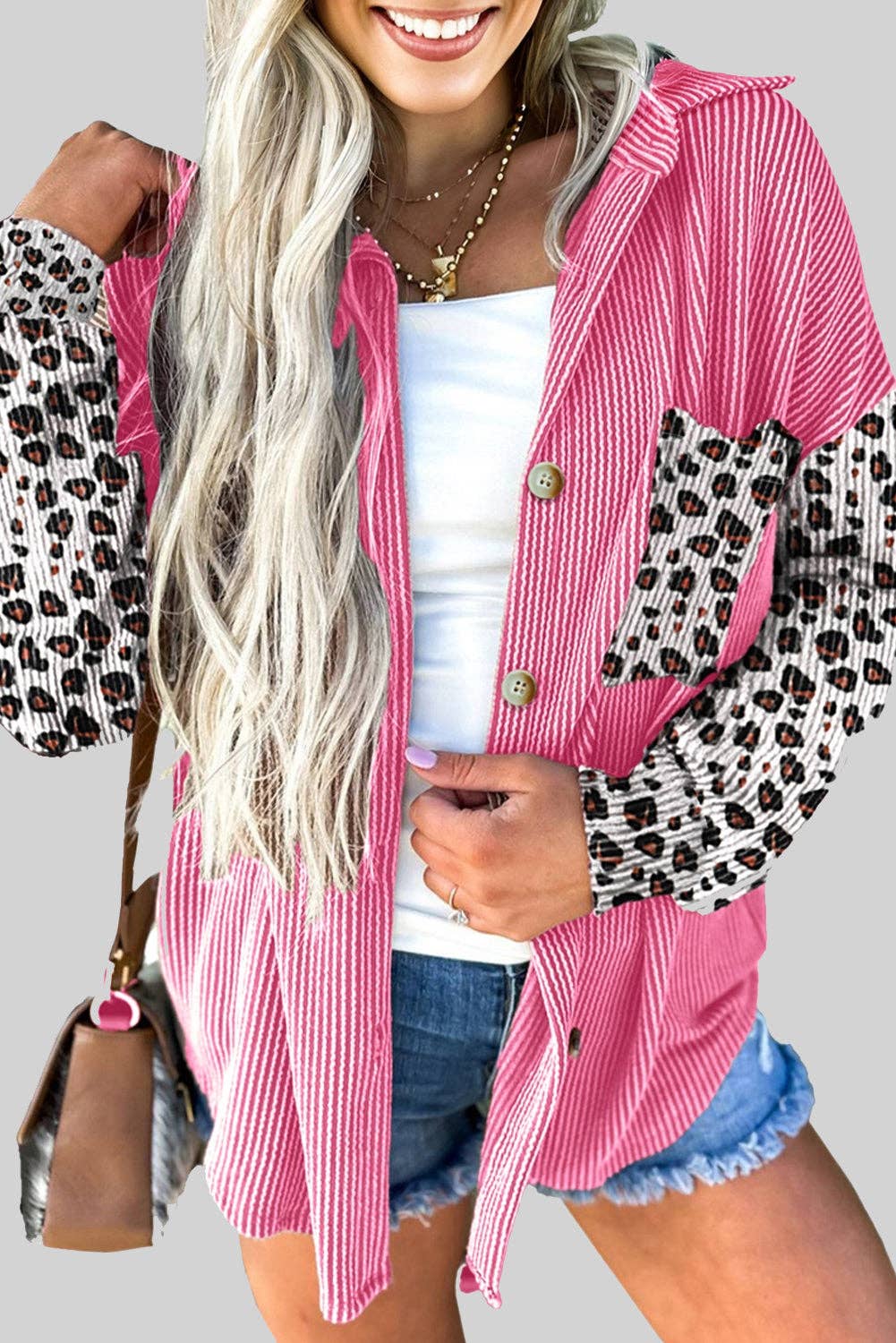 Suhkasana - Wholesale Shirt Jacket/Shacket - Women's - Rose Red Leopard Patched Twisted Ribbed Western Casual Shacket0