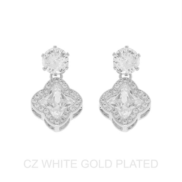 SP Sophia Collection - Wholesale Dangle Earrings - 2-Tier Gold Plated CZ Quatrefoil Drop Earrings2
