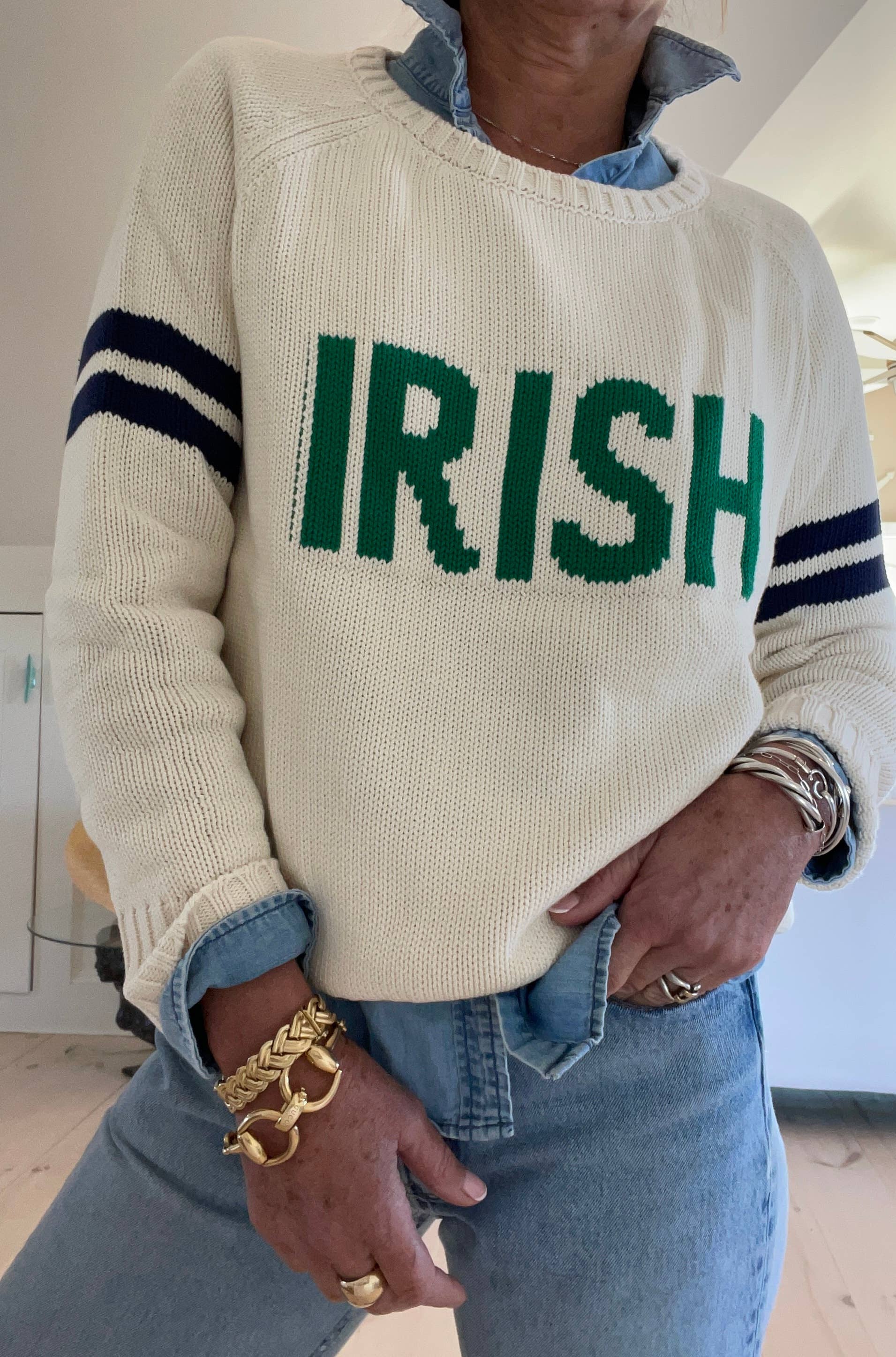 Pink Pineapple - Wholesale Knit Sweater - Women's -  IRISH Campus Sweater with Navy Stripes 4