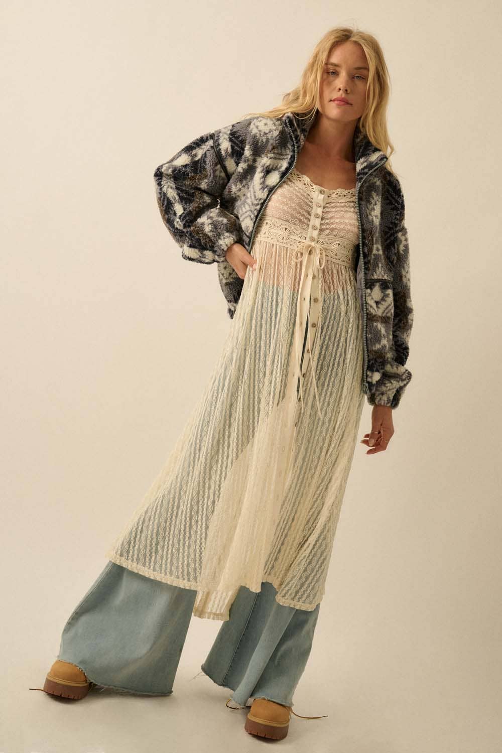 Promesa USA - Vendita all'ingrosso Giacca - Donna - Giacca in Pile Sherpa con Cerniera e Stampa Geometrica9