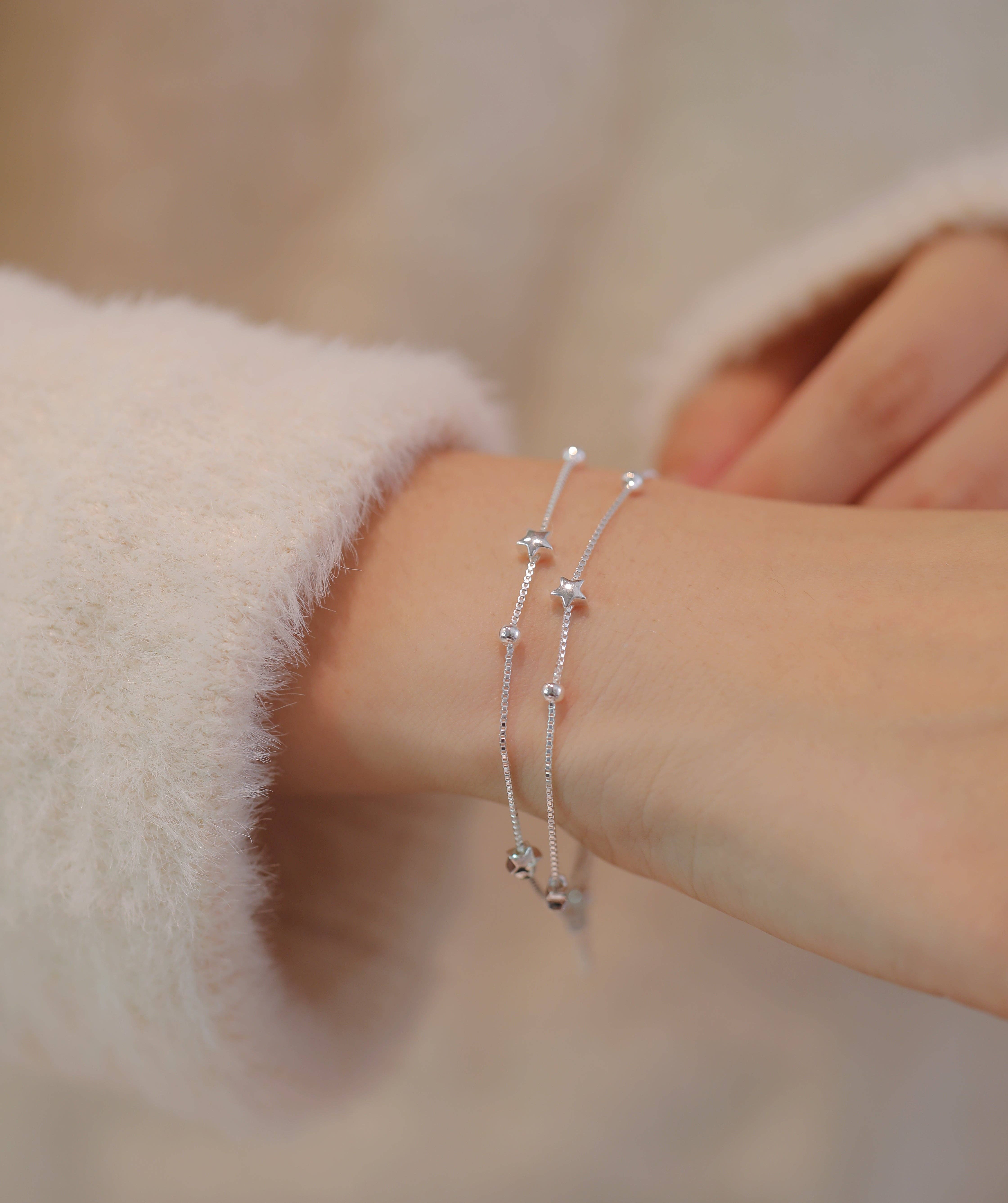 happyzzzsu - Vente Bracelets à breloques/pendentifs - Bracelet à étoiles à double couche en argent sterling 9256