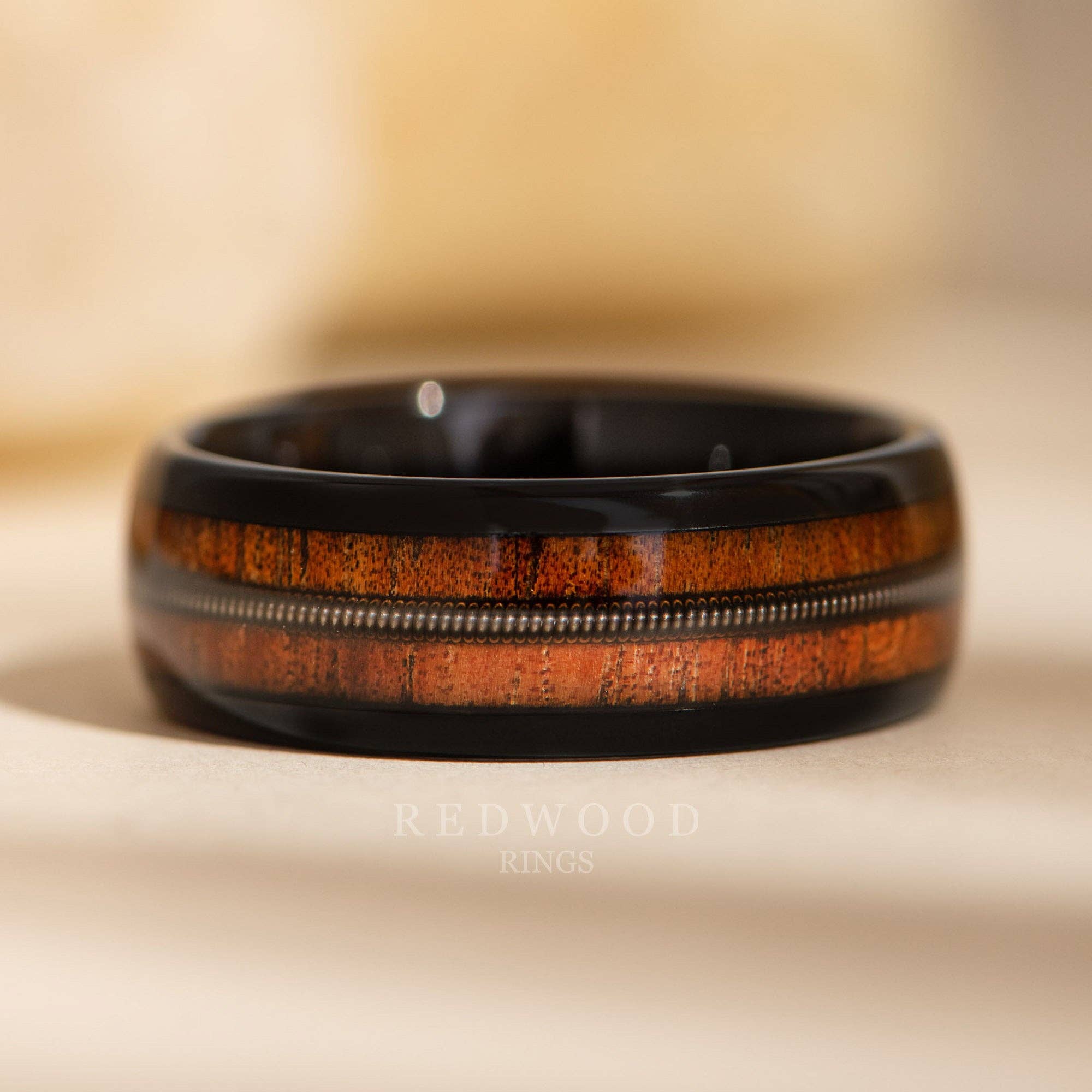 Redwood Rings - Wholesale Band/Stacked Ring - Black Tungsten Ring, Guitar String and Koa Wood Inlay - 8MM