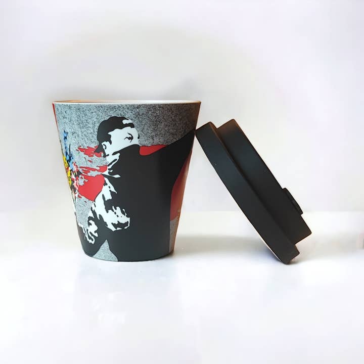 URBAN.ITY SRL - Wholesale Insulated Mug/Tumbler - Banksy Travel Cup in RPET 230 ml - The Flower Thrower1