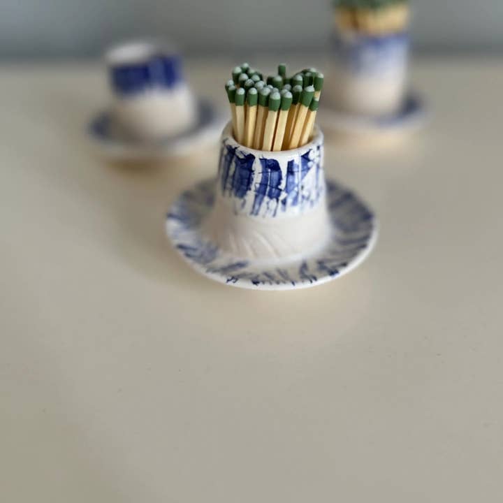 Amber Vintage Chicago Pottery - Wholesale Match Holder - Hanukkah special Blue and White Striker