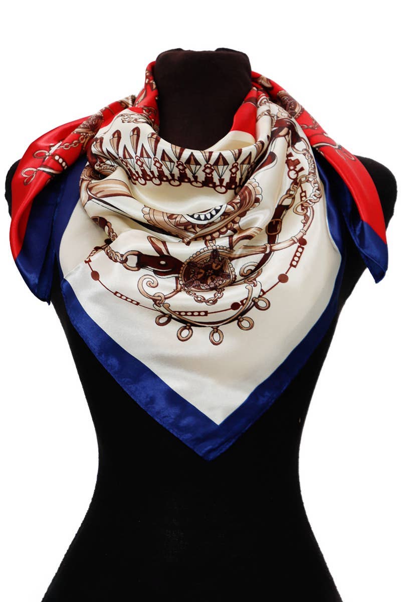 ASSORTED Two Tone Royal Emblem Print Faux Silk Square Scarf for wholesale on Faire2