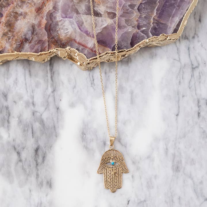 Brass Hamsa Pendant with Stone - Great Hanukkah Gift! for wholesale by Baizaar