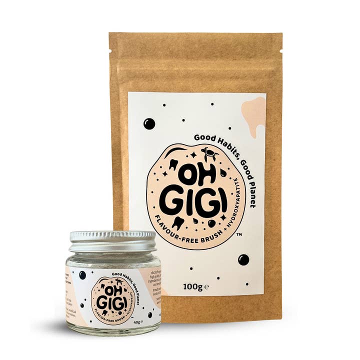 Organisches Zahnputzpulver 'Geschmacksfreie Bürste' + Hydroxylapatit Glas und Nachfüllpackung für den Großhandel von OHGIGI®️