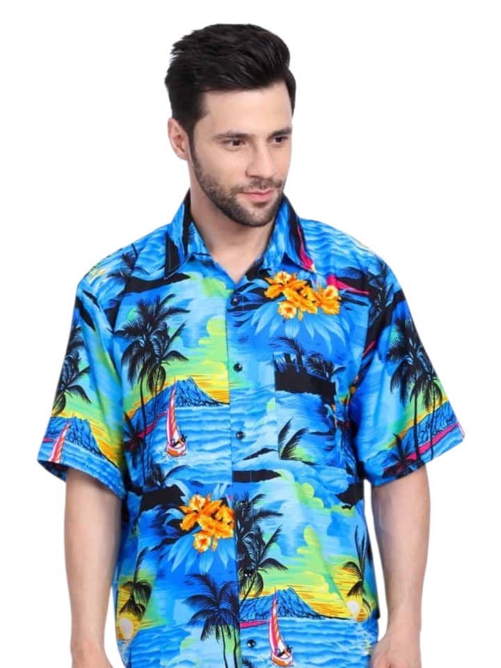 (Pack of 6) Men Hawaiian Shirt HY600 Blue for wholesale by India Batik