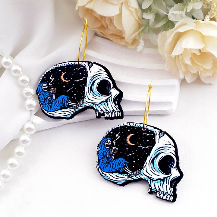 Vibrant Wooden Skull Earrings for wholesale by HappyJewelrySupplies