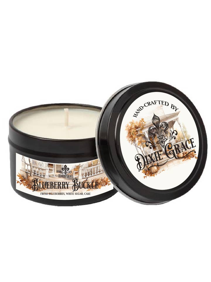 Blueberry Buckle - 8 oz Candle Tin - Cotton Wick for wholesale by Dixie Grace
