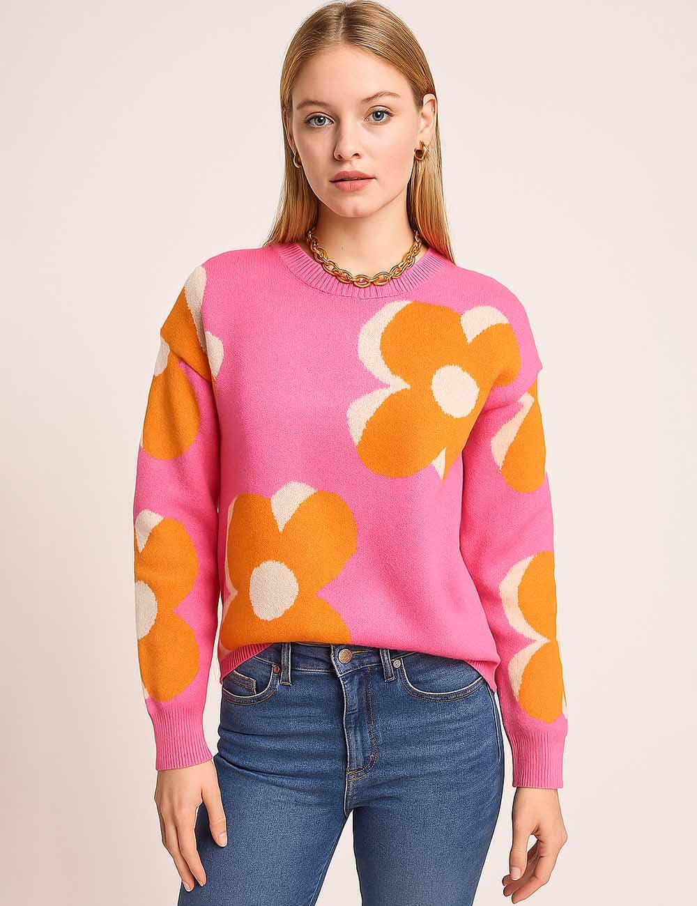 Sweetkama - Vente Pull en maille – femme - Pull tricoté à col rond à motif floral multicolore pour femmes1