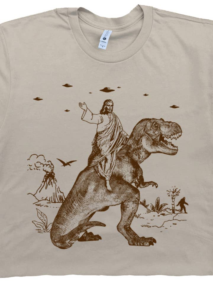 Shirtmandude Co - Wholesale Screen Printed T-Shirt - Unisex - Dinosaur Jesus Shirt Funny Graphic T Shirts Cool Retro Tee