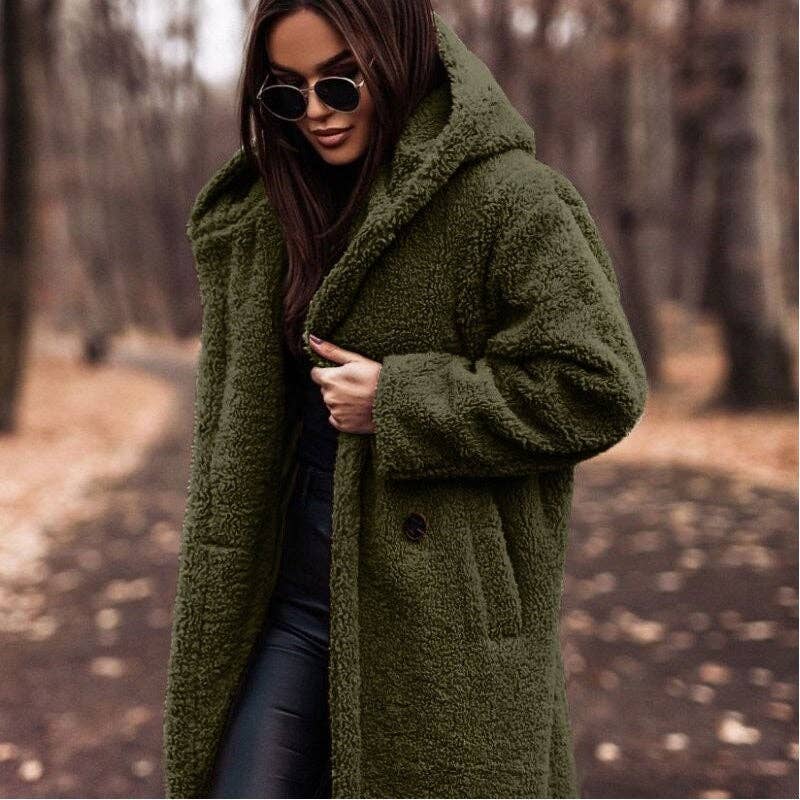 FurDecoration - Vente Manteau en fourrure/fausse fourrure – femme - Manteau long à capuche en peluche uni tendance2