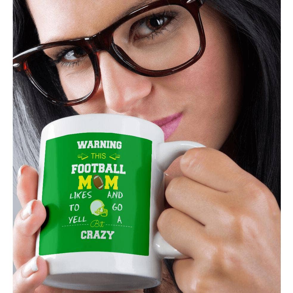 3dRose - Wholesale Coffee Mug - 3dRose, Warning this football mom likes to go crazy yellow and green, Mug9