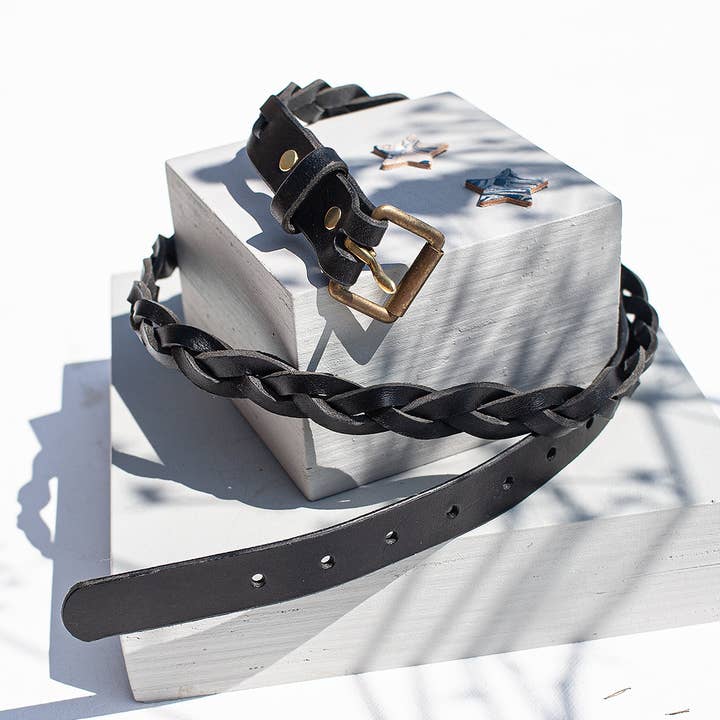 Black Italian Leather Plaited Belt for wholesale by Swag and Tassel