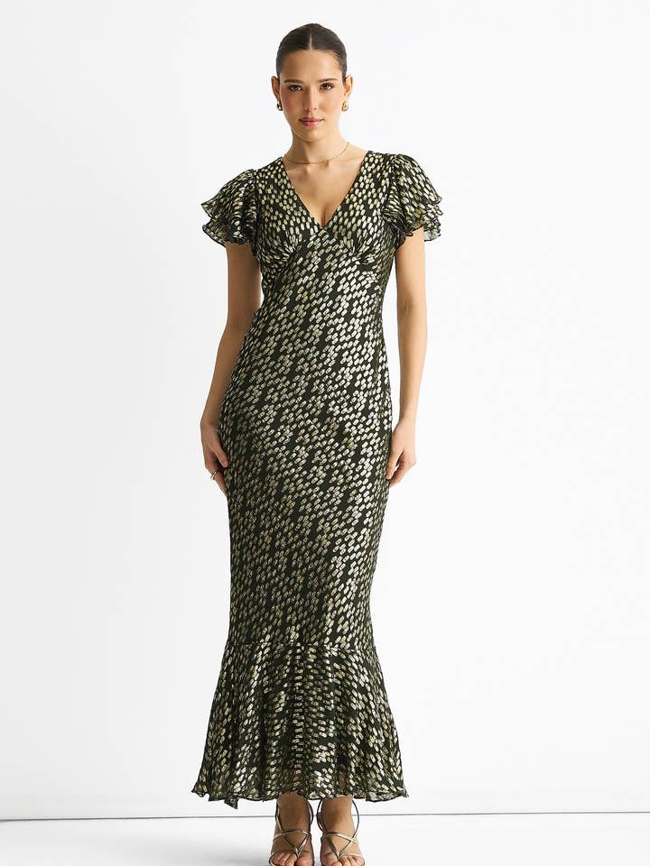 Dark Green Viscose Clipped Gold Jacquard Bias Cut Maxi Dress for wholesale by GINI LONDON