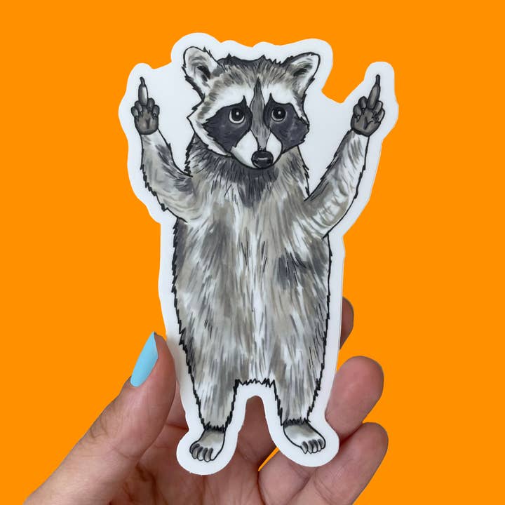 quirky burp illustrations - Wholesale Sticker - (5 inch!) Raccoon Middle Finger Waterproof Vinyl Sticker 0