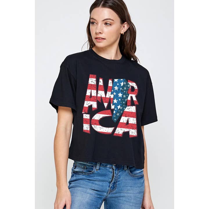 COLORBEAR – wholesale T-shirts med screentryck – Dam – AMERIKA, AMERIKANSKA FLAGGAN ÅSKA BLIXTNEDSLAG AVSLAPPNAD GRÖDA TOPP