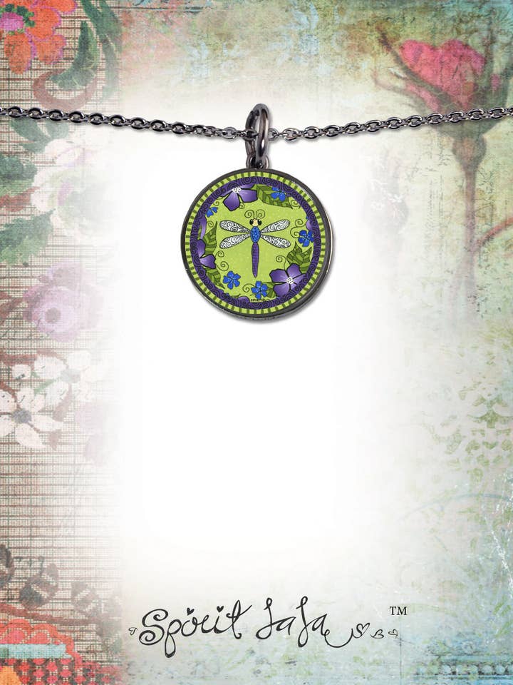 Dragonfly with Flowers Circular Pendant for wholesale by SPIRIT LALA LLC