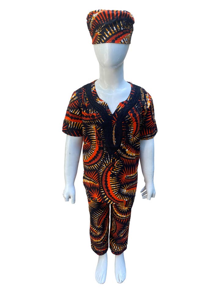 Ankara Embroidered Top, Pant & Hat Set for wholesale by Satsuma Wholesale