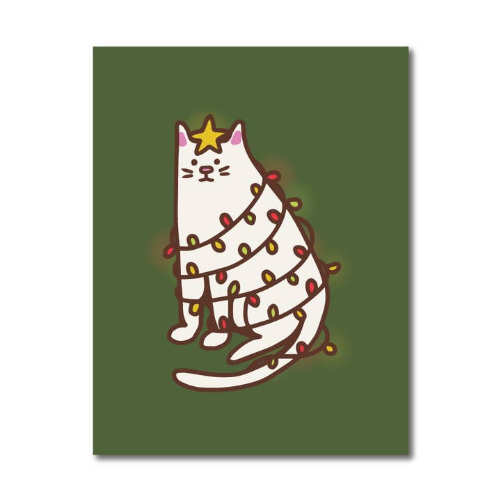 White Cat Christmas Tree Holiday Greeting Card for wholesale by Amberhill