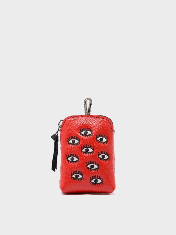 Porte-clés Florence Pouch Charm - Cuir Rouge Coquelicot Broderie Yeux Partout pour la vente par Min & Mon