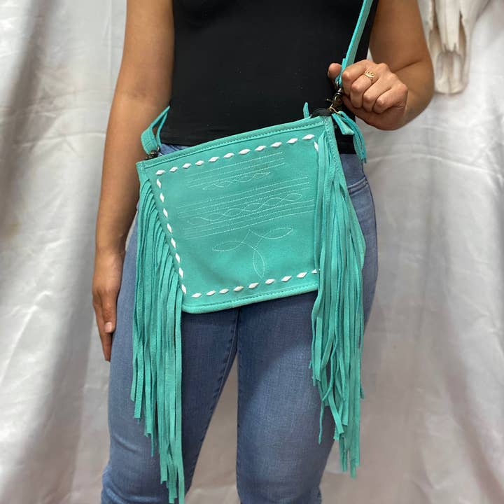 Western Linens - Wholesale Crossbody Bag - Women's - Turquoise Suede Leather BootStitch Fringe Crossbody Â