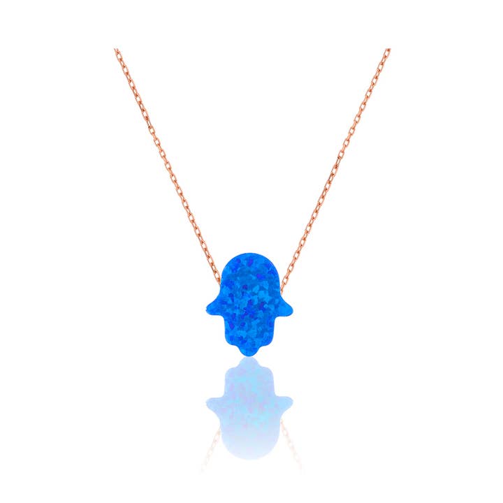 Blauwe opaal Hamsa Hand of Fatima ketting met hanger van 925 sterling zilver voor wholesale door Azuris Silver